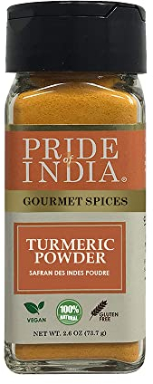 Pride of India – Natural Turmeric Ground – Traditional Indian Spice – Pantry Essential – Curcumin Rich and Gourmet – Ideal for Curries/Lentil/Meat/Pilaf – Easy to Use – 2.6 oz. Small Dual Sifter Jar