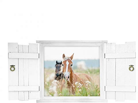 nikima Schönes für Kinder 132 Wandtattoo Pferd im Fenster mit Fensterläden weiß - schöne Wanddeko für Kinderzimmer Sticker Aufkleber Wandbild Landhaus - Größe 1250 x 622 mm