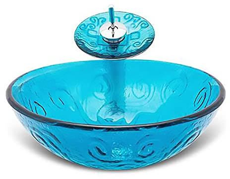 XMZFQ Badezimmer-Behälter-Wannen-Wasserfall-Hahn-gehärtetes Glas Becken Vanity Sink über Gegen Runde Waschschüssel mit Pop Up Abfluss Combo,A