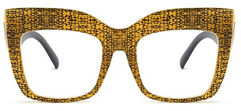 FEISEDY Women's Square Oversized Blue Light Filtering Reading Glasses B2627 (Yellow Grid, 1.5)