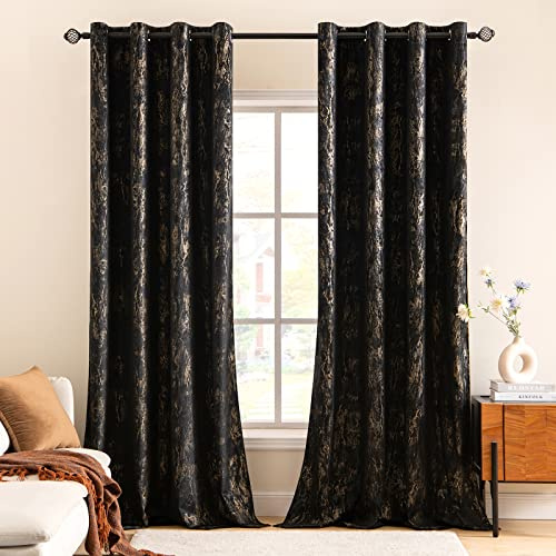 MIULEE 2er Set Gold Folie Druck Samtvorhänge Vorhang Funkeln Vorhänge mit Ösen Thermogardine Gardinen Ösenvorhang für Schlafzimmer Wohnzimmer 140 x 245 cm(B x H) Schwarz