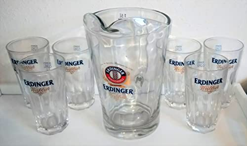 Vaso de cerveza Erdinger de 1,5 litros con 6 vasos: 0,25 litros, vaso de cerveza, vaso de trigo, original de Pitcher
