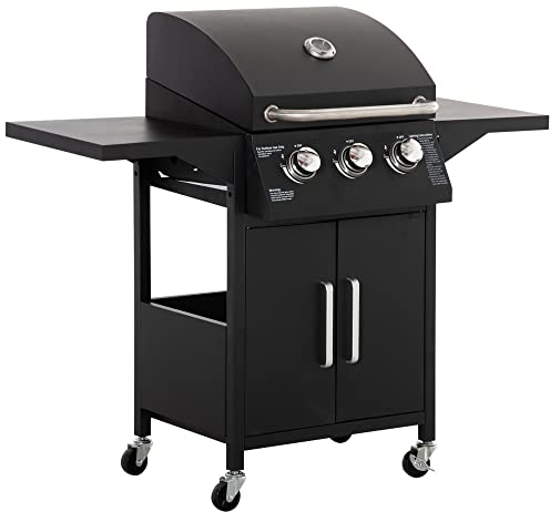 Outsunny 3 Burner Gas BBQ, Outdoor Grill, Portable Barbecue Trolley with Warming Rack, Side Shelves, Storage Cabinet, Thermometer, Carbon Steel, Black