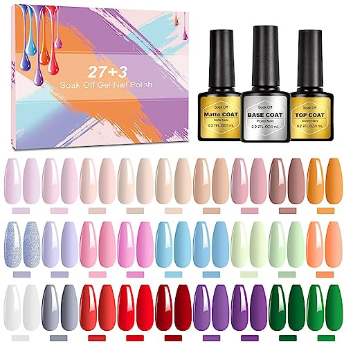 NAILMASHA Smalti Semipermanenti per Unghie in Gel UV LED, 30 Pcs Kit, Popolare Nudo, 27 Colori Vibranti con Base, Top e Mat Coat, 8ml