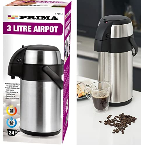 Large 3L Stainless Steel Air Pot Insulated Pump Action Hot Cold Drink Dispenser Vacuum Flask Airpot Jug Water Coffee Tea Home Office Picnic Party, Carry Handle