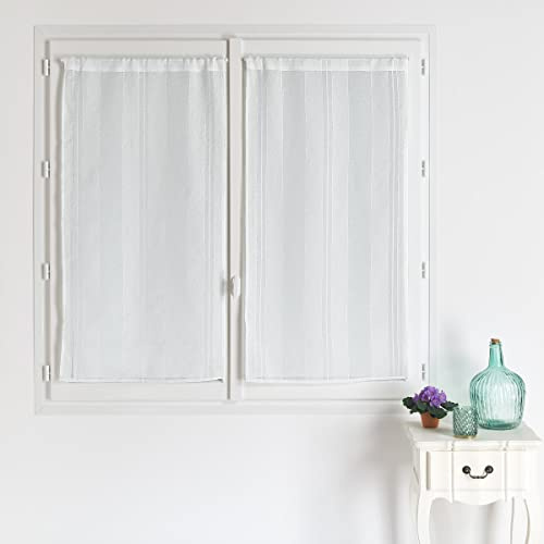 QABANE - Paire de Petits Voilages Unis à Rayures Fantaisie - Polyester - Transparent - pour Fenêtre Salon Cuisine - Prêts à Poser - Lavable Machine - 60 x 120 cm - Blanc