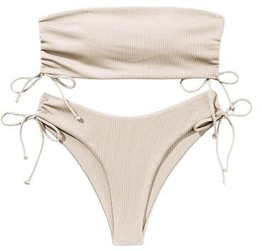 GORGLITTER Bandeau Bikini para mujer, de cintura alta, sin tirantes, con cordón, conjunto de bikini monocolor, dos piezas, traje de baño, Albaricoque, M