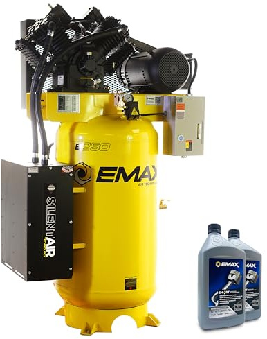 EMAX E350 Stationary Air Compressor - 10HP 80 Gal 2 Stage Silent Air System with 38 CFM, Splash Lubricated Pump, Includes Oil for First Change - EHS10V080V1