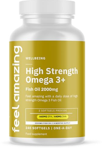 Feel Amazing Omega 3 Fish Oil 2000mg – 240 Capsules – 660mg EPA & 440mg DHA per Daily Serving – Supports Normal Heart Functional - 4 Month Supply