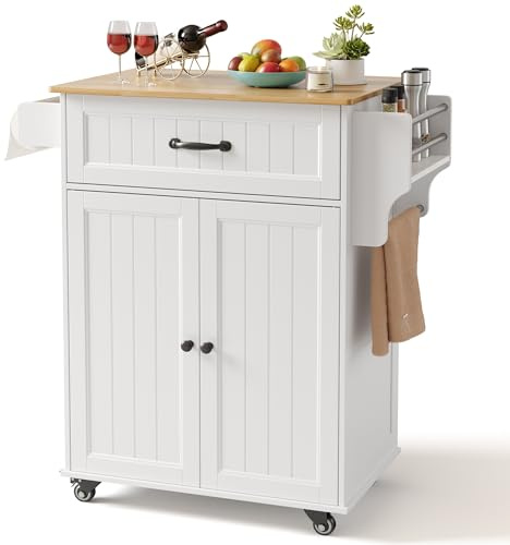 Gizoon Kitchen Island Cart with Adjustable Shelf, 33 W Mobile Trolley Cart on Metal Wheels with Drawer & Storage Cabinet, Spice Rack & Towel Rack, for Dining Room, Bar, White, Tabletop-Oak Color
