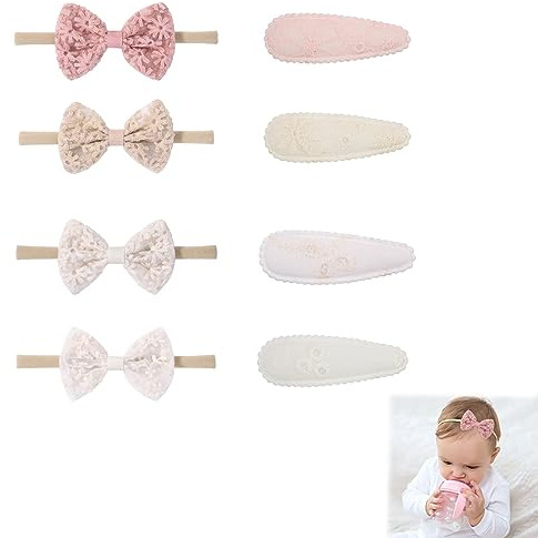 ZKSXOA 8 Pcs Baby Girl Bow Headbands & Clips Set, Flowers Patterns, Mini Barrettes, Elastics Bands, Accessories for Infant Kids