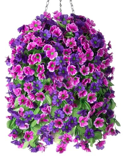 Künstliche Hängeblumen im 30,5 cm großen Korb, Kunstpflanze aus Seide, Orchidee, Blumenarrangement mit Kokosfutter, Übertopf für Terrasse, Garten, Veranda, Deck, Frühlings- und Sommerdekoration (lila