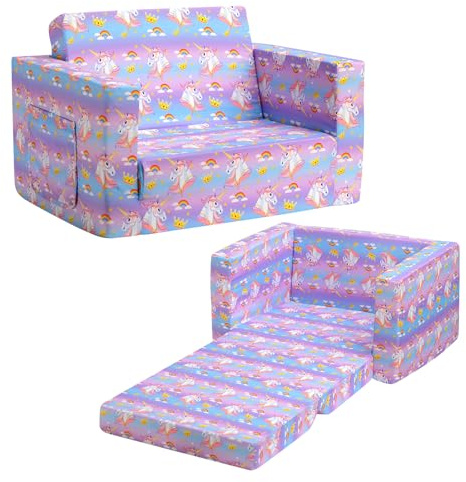 BEJOY Sofá infantil plegable 2 en 1, sofá cama infantil, sillón infantil, sofá plegable para habitación infantil, día del niño y regalo de cumpleaños para niñas y niños, bonito unicornio