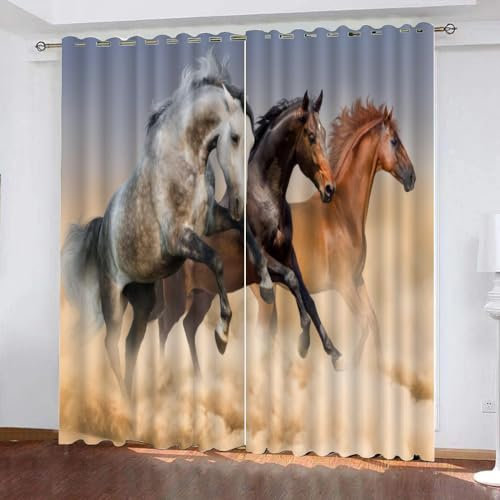 GIOVIA 3D Pferd Gardinen Abdunkelnde Tiere Pferde Kindervorhänge Vorhang mit ösen 2er Set Vorhänge Blickdicht Verdunkelungs für Kinderzimmer Schlafzimmer Wohnzimmer B 140 X H 160 cm