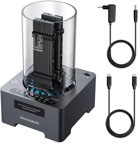 GRAUGEAR M.2 NVMe SSD-kloningsstation för M.2 PCIe, M-Key, USB3.2 Gen2x2 20 Gbps, 60 mm tyst fläkt, strömförsörjning