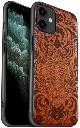 Carveit Coque en Bois pour iPhone 11 Étui Protection Artistique Cover TPU Souple de téléphone Antichoc Compatible avec Apple 11 Etui (Rosé-Visage à Feuilles)