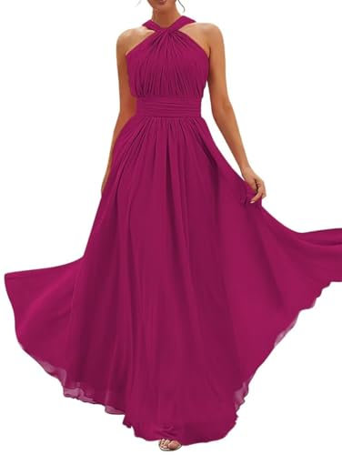 Vestidos de dama de honor para mujer, plisados, de gasa, vestidos largos formales de fiesta de noche, fucsia, 40