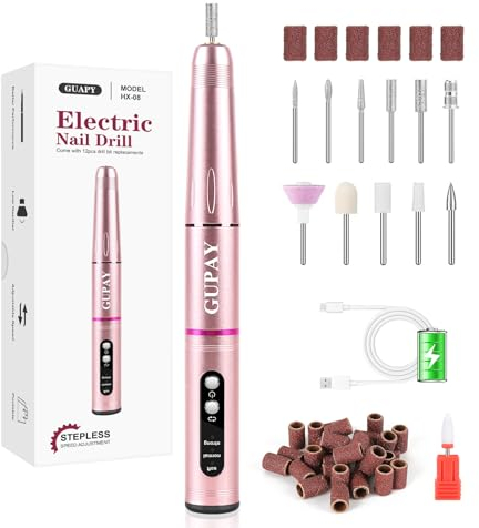 GUPAY Nagelfräser für Gelnägel Kabellos, Elektrische Nagelfeile Professionell Nail Drill, 12 in 1 Maniküre Pediküre Set für Acryl Gelnägel, Nagelhaut Shellac Acrylgel, Semipermanentes (Rosa)