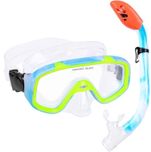 KUYOU Kids Snorkel Set Dry Top Snorkeling Gear,180°Panoramic Wide View Swimming Diving Mask for Kids Youth Boys Girls Junior Age 5-12 (Blue+Yellow)