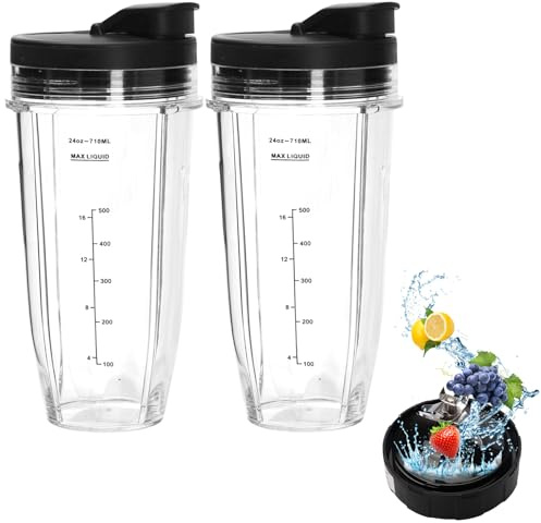 2 Piezas Repuestos para Batidora Ninja,Vasos Licuadores de 24 oz con Tapas Extraíble y 7 Cuchilla Extractora,Vaso de Repuesto para Ninja Bl2012/Bl487a/Bl492/Bl640/Nn100a/Nn101/Nn102
