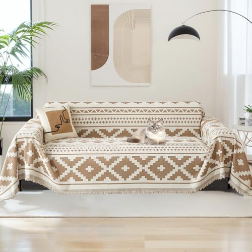 SHANNA Geometriskt överdrag för 2/3/4-sitssoffa, Chenille AB-sidigt överdrag för hörnsoffa, för alla årstider, sofföverdrag, soffskydd för 2-sitssoffa, futonskydd, L-format sofföverdrag med tofsar