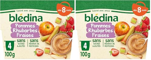 Blédina - Coupelles Fruits Pommes Rhubarbes Fraises - dès 8 Mois - Le pack de 4x100g (Lot de 2)