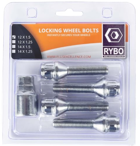 RYBO Set of 4 M12 x 1.5 Tapered Alloy Wheel Locking Bolts (Silver, 40mm Thread Length)