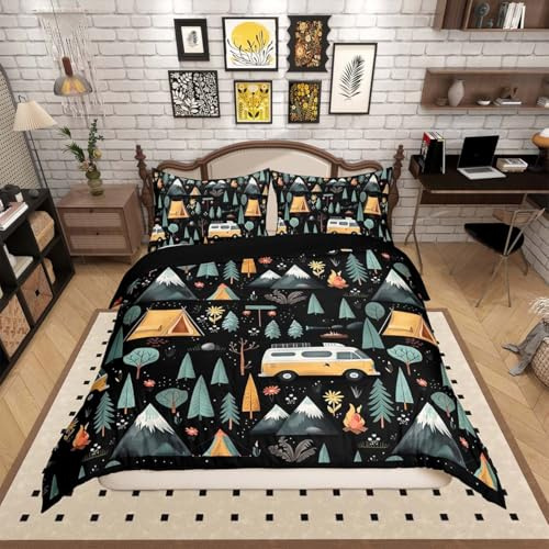 Homemissing Camping Bedding Set Double Size RV CampingComforter Cover Set Camper Accessories for Travel Trailers Duvet Cover Tent Bedspread Cover Room Decor Pitch-black Quilt Cover,No Comforter