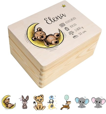 Creative Deco Erinnerungsbox Baby Personalisiert mit Namen 19,5 x 15 x 10cm | Individuelle Erinnerungskiste Geschenk zur Geburt für Mädchen und Jungen | Holzkiste mit Deckel | Farbdruck