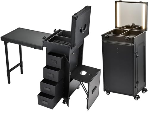 Faquenc Portable Manicure Table Desk Station with Pedicure Stool Rolling Makeup Case with Lighted Mirror 4 Drawers Storage for Manicurist Technician Workstation Artist Cosmetology Case on Wheels Black