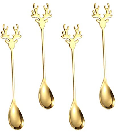 REYIN-CHHN 4 cucharas de café de acero inoxidable con cuernos de reno, cucharas pequeñas para postre, té, aperitivos, yogur, helado, dorado, 4 unidades