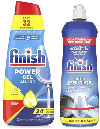 Finish Power Gel Citrus 650 ml & Glanz- & Klarspüler XL-Pack 800 ml – Leistungsstarke Reinigung und strahlender Glanz, entfernt Fett & Rückstände, perfekte Spülmaschinenpflege & Geschirrspülerfrische