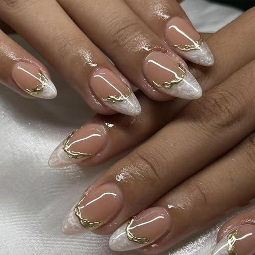 LunarCharm 24 pièces de faux ongles French Tip blancs, ongles amande courts avec design à lignes dorées 3D, ongles artificiels brillants, décoration manucure