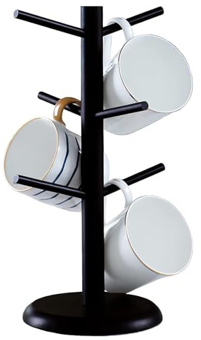 Culinavog Coffee Mug Holder, 6 Cups Bamboo Mug Tree with Thicker Base, Coffee Tea Cup Organizer Hanger Holder, Stand with Hooks, Kitchen Stand Hanger with Thickened Base for Tea, Glass (1 PCS)