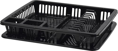 Catergold Dish Drainer Rack Premium Plastic Large Dish Drainer with Drip Tray for Plates, Cutlery, Cups, Kitchen Sink Utensil Drying Rack (Black)