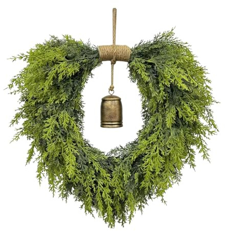 20 Heart-Shaped Wreath for Front Door – Faux Greenery with Rustic Bell – Waterproof & Fade-Resistant Christmas Decor for Porch, Holiday Wall or Indoor Use