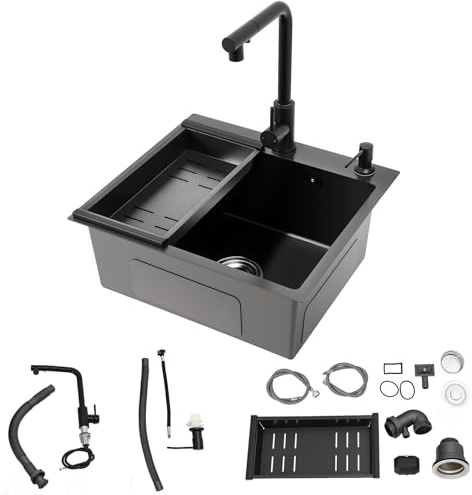 Fregadero de cocina de acero inoxidable de 50 x 45 cm, 1 lavabo, color negro con grifo extensible, con dispensador de jabón, cesta colador, tubo de desagüe