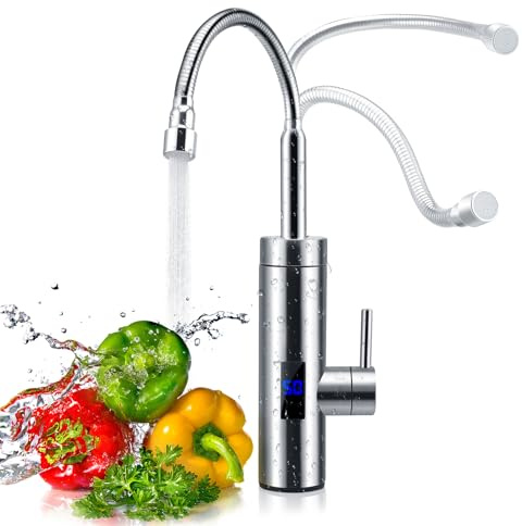 Wasserhahn mit Durchlauferhitzer, 360° Wasserhahn, 3000 W Durchlauferhitzer, Edelstahl-Wasserhahn mit LCD-Temperaturanzeige für Küche, Garten und Wohnwagen (A)