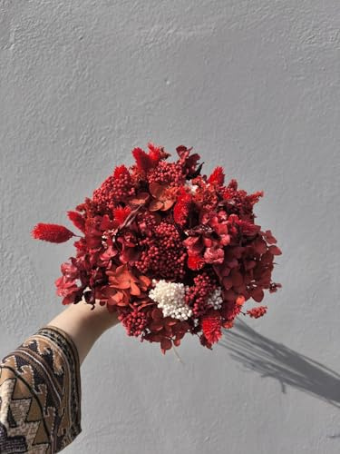 Ramo de Flores Secas Preservadas, Hortensia Roja con Detalles Blancos, Arreglo Floral Decorativo