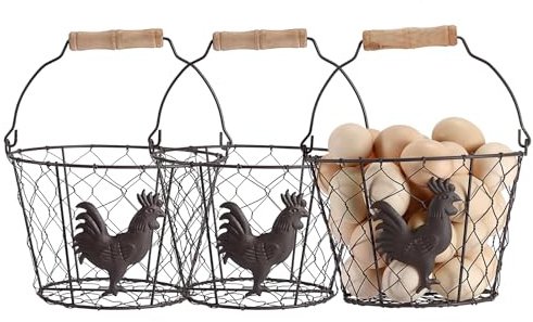 OGANAZI 3 PCS 8’’ Farmhouse Egg Collecting Basket with Wood Handle, Rustic Metal Wire Chicken Eggs Holder Basket for Countertop Kitchen, Wire Egg Basket Vintage Style, Round, Rooster Pattern