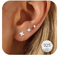 MOGASA 3 par små sterling silver platt baksida örhängen för kvinnor flickor allergivänliga 14K guld dubbar örhänge set stjärna blomma sol zirkon brosk sovörhängen helix piercing smycken 3/4/5 mm