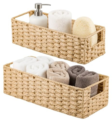 GREENSAPPIRE 2 PCS Wicker Baskets for Toiletries Woven Bathroom Storage | Baskets with Fabric Lining Natural Seagrass Organiser for Bathroom Bedroom & Kitchen Decorative & Space Saving (Yellow)