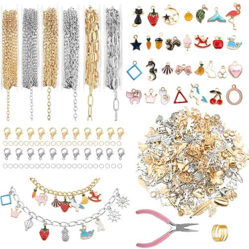 Acidea kedja för smyckestillverkning, kabelkedjor i mässing med 398 st berlocker, öppen hoppring, hummerklo, KC, guld, silverlås, smyckestillverkning, kit för män, kvinnor, halsband, gör-det-själv