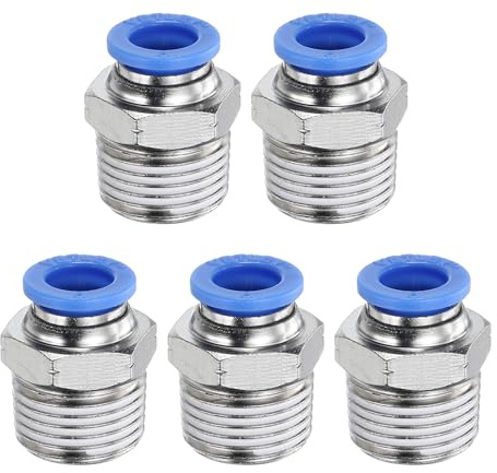 QUARKZMAN 5 Stück Push To Connect Fittings Verbindungsfittings Messing Blau | 8mm Rohr Außendurchmesser x 3/8 NPT Gewinde Male Gerade, Pneumatikzubehör, Für Anhänger Luftbremssystem
