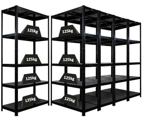 PROREGAL Mega Deal 5X Schwerlastregal Ragnar HxBxT 180x90x40cm 5 Stahlplatten-Ebenen Fachlast 125 kg Schwarz Garagenregal Metallböden Kellerregal Werkstattregal Lagerregal Steckregal