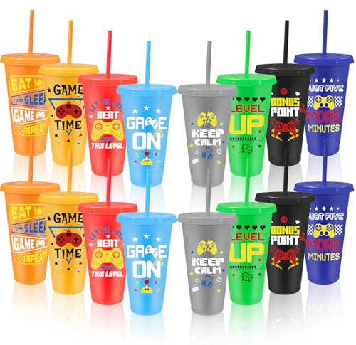 MSYU 16 vasos de plástico reutilizables para videojuegos con tapas y popotes, para divertidos, fiestas de video, cumpleaños, (colorido)