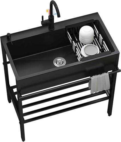 Fregadero de cocina independiente, cuenco individual industrial con grifo, acero inoxidable, estación de trabajo de metal, para restaurante y lavandería (80 x 45 x 86 cm)