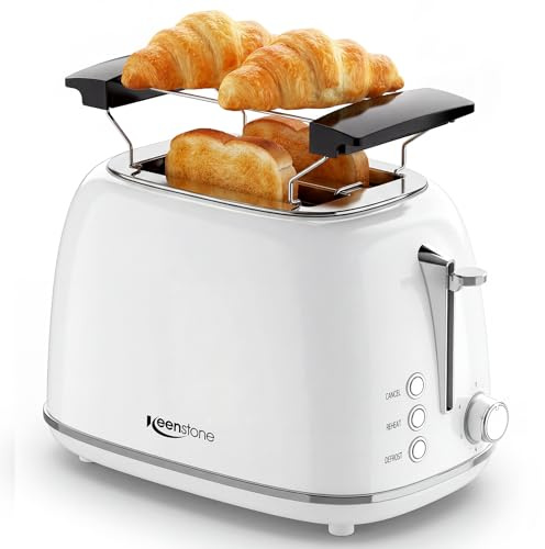 Keenstone Tostapane a 2 fette dal design retrò, larghe in acciaio inox, 6 livelli di doratura, funzioni di riscaldamento e scongelamento, pinze scaldavivande rimovibile, tostapane per toast farciti