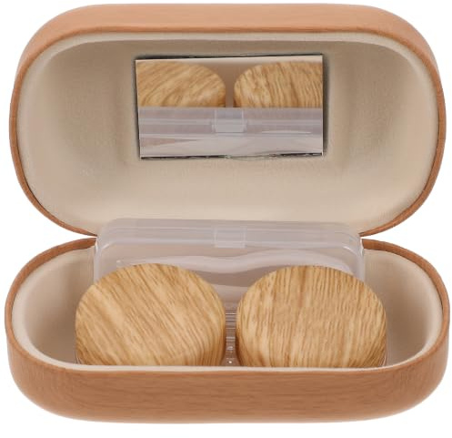 HEALEEP Étui Porte-lentilles de Contact Double Compartiment Grand Diamètre, Boîte de Rangement Étanche en Cuir Vintage Effet Bois, Couleur Marron Clair, Kit Portable pour Voyage