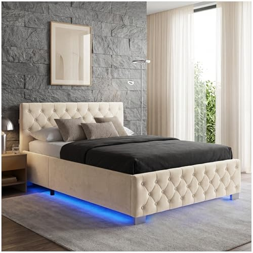 tectake® Chesterfield, Bett 180 x 200 cm, Schlafzimmer Bett mit Bettkasten, Polsterbett, Bett mit Stauraum, Doppelbett, Jugendbett, King Size Bed, Schlafbett, Gaming Bett mit LED - Samtoptik Sand